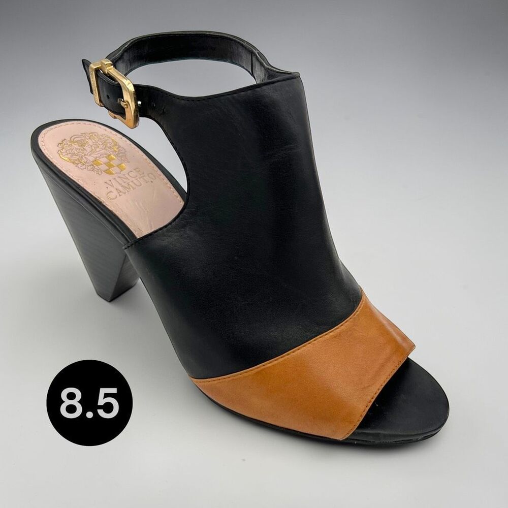 Vince Camuto Women's Erro Leather Peep Toe Slingback Heels Black Tan Size 8.5